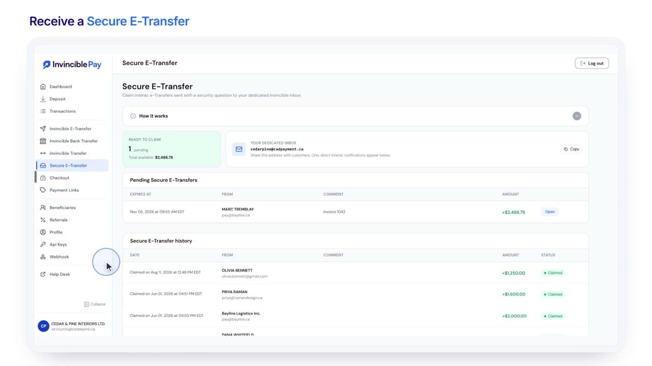 How to Receive a Secure e-Transfer: the Secure e-Transfer page in the Invincible Pay wallet